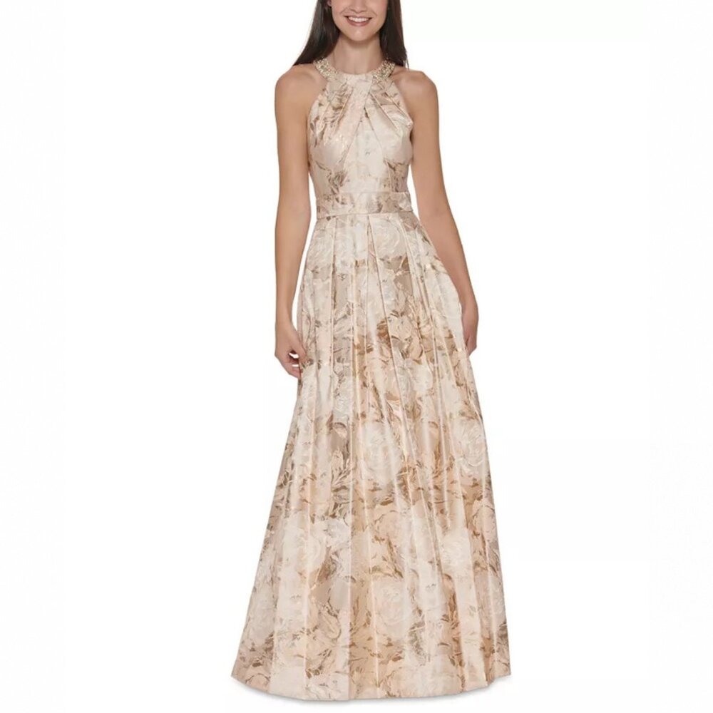 Elegant Eliza J Textured Jacquard Ballgown with Pearl Beading
